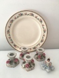 (5) Pcs. Signed Dresden Porcelain Candleholders & Figurine