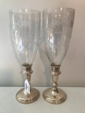 (2) Matching Sterling Weighted Candleholders W/Etched Glass Shades