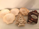 Group Lot: Unused corning Ramekins, Shells, & XmasTree Ashtrays Set