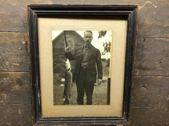 Vintage Framed Photo Of Man Holding Fish