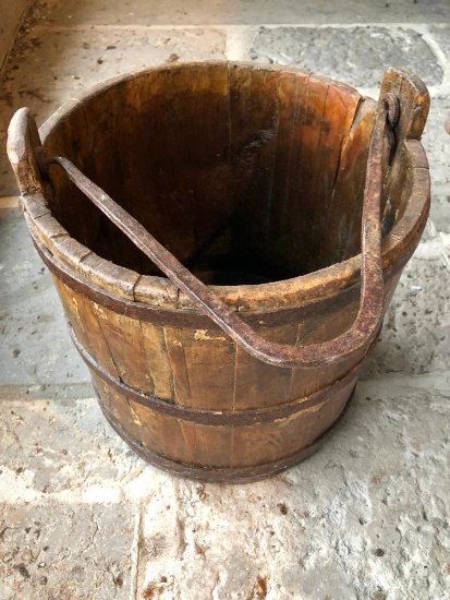Antique Primitive Wooden Bucket W/Iron Bands & Handle