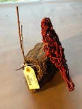 Folk Art Wire Bird Sculpture of a Cardinal on a Small Stump, Approx. 9 Inches Tall