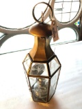 Antique Oil Lamp in Decorative Glass and Brass Fixture, Approx. 18 Inches Tall, Door Hinges Loose