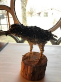 Bent Wire Bird Sculpture Mounted on Wood Base, 16 Inches Tall and Approx. 21 Inches Long