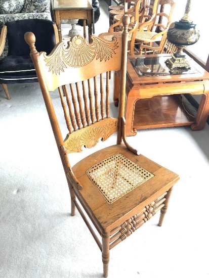 Antique Oak & Ash Chair W/Cane Seat & Pressed Back