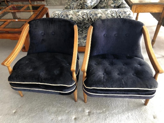 Pair Of Matching Upholstered Arm Chairs W/Oak Trim