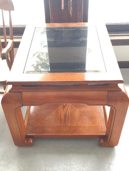 Schnadig Furniture End Table In Oriental Design W/Glass Top