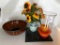 Pottery Bowl, Pitcher with Silk Plants and a Candle Holder, Bowl is 16 Inches in Diameter
