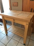 Kitchen Work Station On Wheels-Butcher Block Style Top & Wire Bins