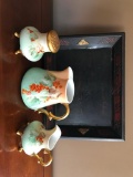 (3) Pcs. Vintage Hand Painted Porcelain + Wooden Tray