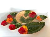 Cabana, Hand Painted, Clay Art Serving Dishes Set, Some Very Minor Edge Chipping