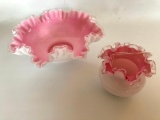 Two Pieces of What Appears to be Fenton Silvercrest with Pink Interior, Largest is 11 Inch Diameter