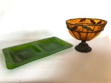 Green Glass Serving Tray and Metal and Glass Bowl, Tray is 20 Inches Long