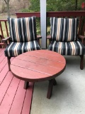 (2) Redwood Style Patio Chairs W/Cushions & Table