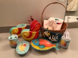 Group Of Nautical/Beach Themed Decorator Items Incl. Vintage Pink Flamingo