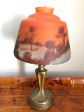 Vintage Metal Lamp Base W/Reverse Painted Shade