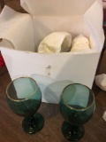 Group of 8 Green Glass Goblets with Gold Rims, 7 INches TAll