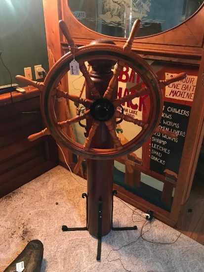 Wooden Ship's Wheel/Boat Helm Mounted On Wooden Post