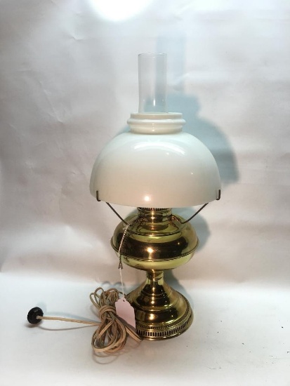 Antique Brass Rayo Oil Lamp W/Milk Glass Shade