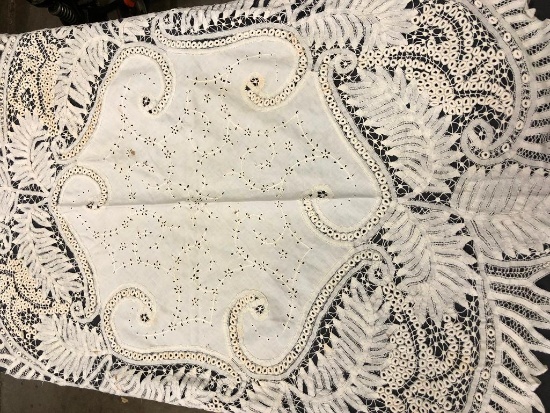 round lace vintage table cloth 50" some stains