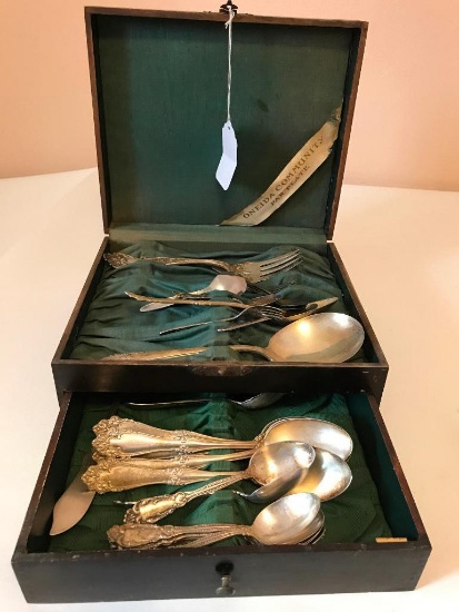 Group of Silver Plate Flat Ware in Vintage Wood Box