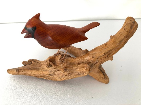 Wood Carved Cardinal On Driftwood By W.F. Grether, 1980.