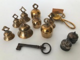 Group Of Brass Bells, Spoon, & Iron Key