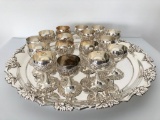 Miyata Silverplate Serving Tray W/16 Silverplated Wine Glasses In Grape & Leaf Pattern