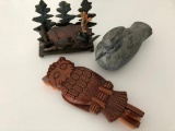 Animal Group: Mechanical Wooden Owl, Tin & Resin Moose, & Resin Duck