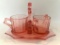 Pink Depression Glass Etched Cream & Sugar W/Undertray