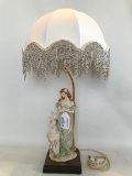 Giuseppe Armani Figural Lamp W/Young Lady & Dove + Fringe Shade