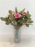 (11) Porcelain Roses In Crystal Vase