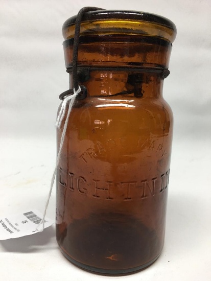 Antique Amber "Trademark Lightning" Canning Jar W/Amber Lid