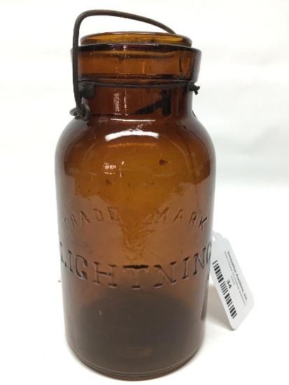 Antique Amber "Trademark Lightning" Qt. Canning Jar