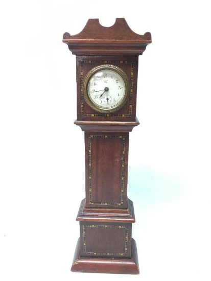 Vintage Miniature Mahogany Grandfather Clock W/Inlay Front