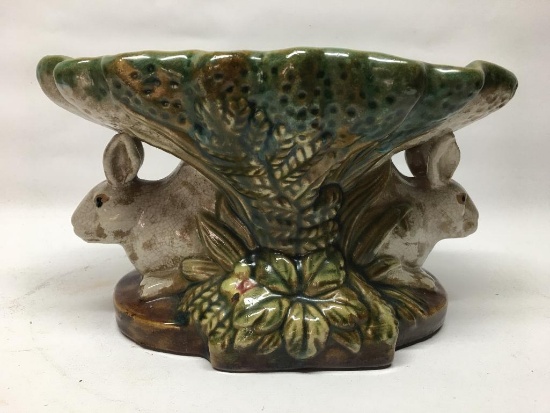 Pottery Center Bowl W/Figural Rabbits In Majolica Style Glaze