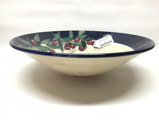 Pottery Fruit Bowl W/Painted Cherries-Artist Signed