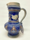 Blue/Gray Stoneware German Beer Pitcher W/Mythological Figures