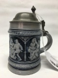 German Blue/Gray Stoneware 1/4L Beer Stein W/Pewter Lid