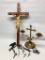 (3) Catholic Rosary's, Crosses, & Holy Water Font W/Candle Holders