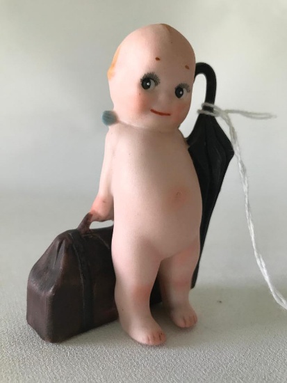 Vintage Bisque Kewpie Figurine W/Umbrella & Luggage