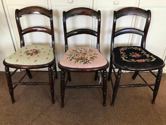 (3) Antique "Rosewood Inked" Chairs W/Tapestry Seats