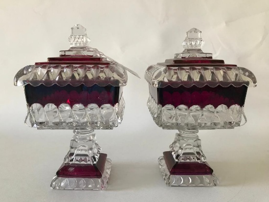 (2) Matching Ruby Flash Lidded Candy Compotes