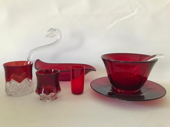 Millersburg Red/Clear Swan & Mayonaise Bowl + Ruby Flash Glassware