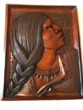 Hand Carved Wooden Plaque Of Indian Looking Lady