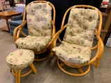 (2) Rattan Swivel Chairs W/Cushions & Foot Stool