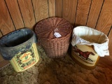 Wicker Basket W/Lid & (2) Vintage Metal Trash Cans