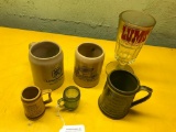 Three Beer Steins, Two Decorative Steins and a Large Beer Glass