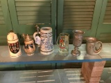 Group of Six Beer Steins, Top of Crown of one is Chipped and is shown in image