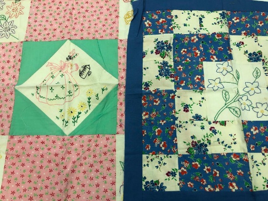Two Handmade Quilting Pieces With Embroidered Work.